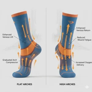 Visual representation of improved blood flow in the foot due to graduated arch compression.