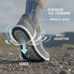 Illustration of how extra cushioning in running socks absorbs impact during foot strike.