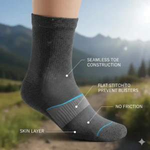 Graphic highlighting the flat-stitch seamless toe box designed to prevent blisters while hiking.