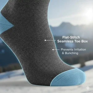 Detail view of a flat-stitch seamless toe box in a snowboard sock to prevent irritation and bunching.