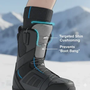 Close-up illustration showing targeted shin cushioning in snowboard socks to prevent boot bang.