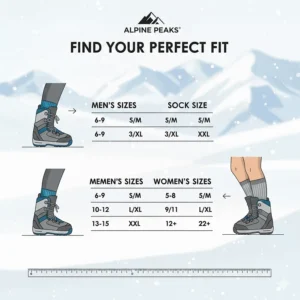A clear size guide illustration for men's and women's snowboard socks based on boot size.