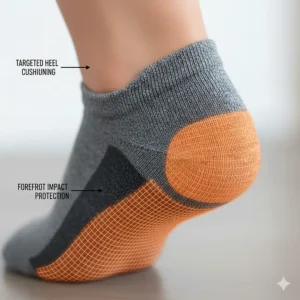 Illustration of targeted high-impact cushioning on the heel and forefoot of no-show running socks.
