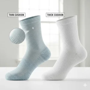 Illustration showing the ultra-thin profile of lightweight socks compared to standard athletic socks.