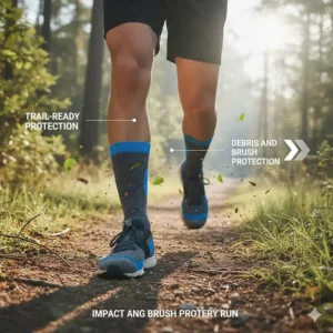 Runner wearing crew length running socks on a trail to protect ankles from debris and brush.
