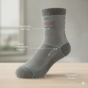 A diagram highlighting the reinforced heel, arch compression, and seamless toe of a premium winter hiking sock.