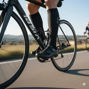 Tall ribbed aerodynamic cycling socks designed to reduce drag for competitive road racing.