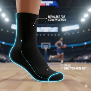 Illustration of seamless toe construction and snug fit to prevent friction and blisters on the court.