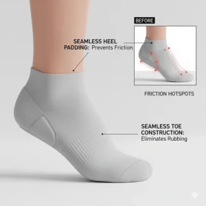 Illustration highlighting seamless toe construction and heel padding to prevent friction blisters.