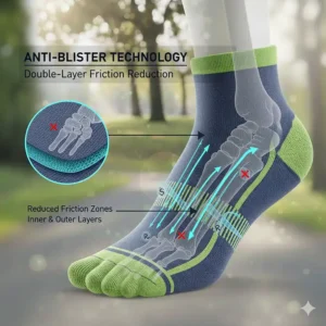 Illustration of double-layer fabric technology used to reduce friction and prevent blisters for runners with wide feet.
