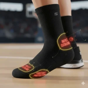 Close-up illustration of extra padding on the heel and forefoot of the best basketball socks for impact protection.