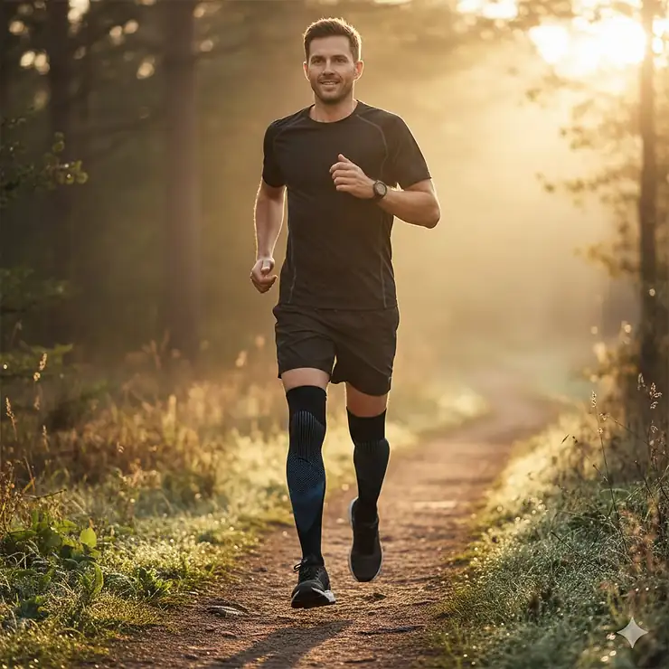 A runner wearing medical-grade compression socks to prevent shin splint pain during an outdoor morning run. socks for shin splints