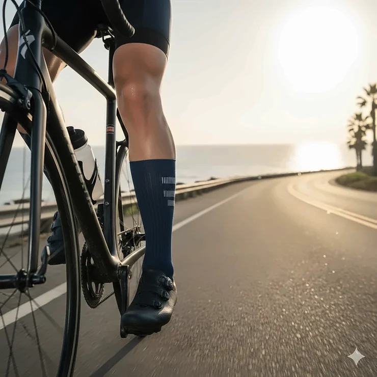A close-up of a cyclist wearing high-performance compression cycling socks while riding a road bike on a paved path. best cycling socks