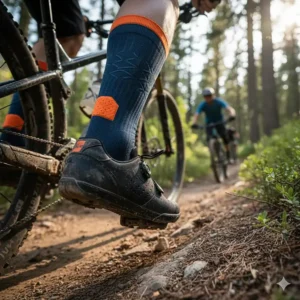 Durable crew-length mountain bike socks designed for trail riding and protection against debris.