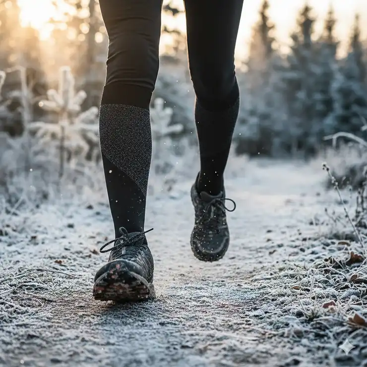 A close-up of a runner wearing thermal merino wool running socks for cold weather while jogging on a snow-covered trail.