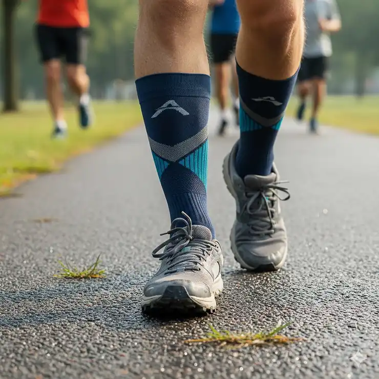 A close-up of a runner with flat feet wearing compression running socks while jogging on a paved trail. running socks for flat feet