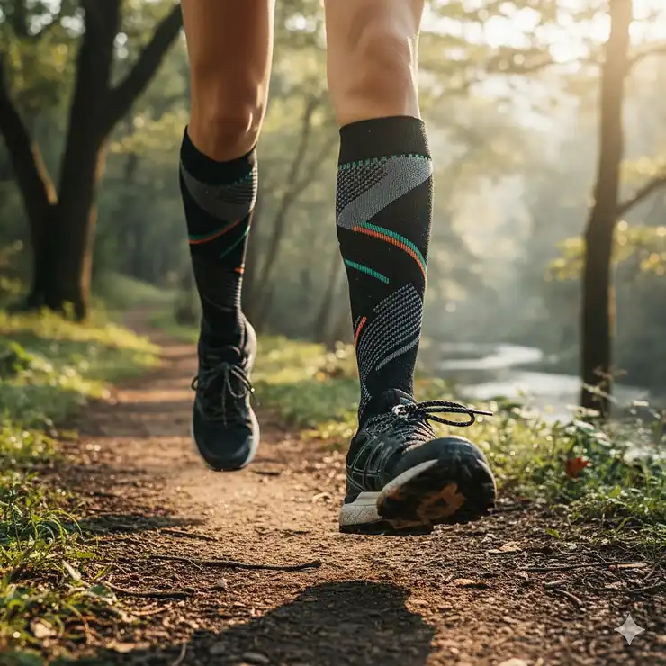 A professional runner wearing compression running socks designed for plantar fasciitis relief during an outdoor morning run. running socks for plantar fasciitis