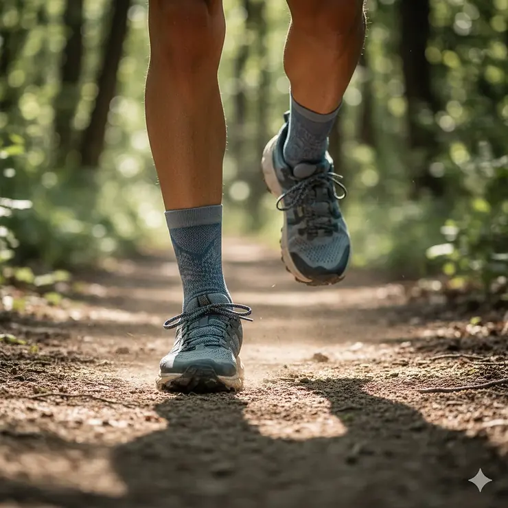 A close-up of a trail runner wearing moisture-wicking synthetic socks designed to prevent blisters on a forest path. socks to prevent blisters running