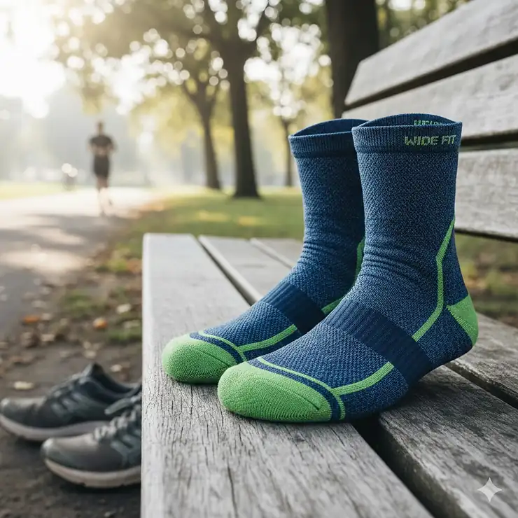 A pair of moisture-wicking running socks designed with a wide toe box for maximum comfort. running socks for wide feet