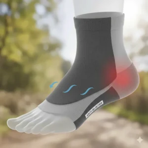 Illustration highlighting friction-reducing fabric in running socks to prevent blisters on sweaty feet.