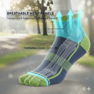 Graphic showing mesh ventilation panels on the top of a running sock for temperature regulation.