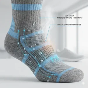 Technical drawing of moisture-wicking fabric technology in athletic socks for foot health.
