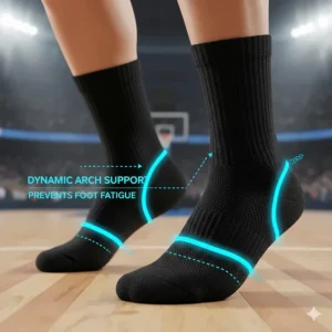 Diagram showing the compression band around the arch of a basketball sock to prevent foot fatigue.