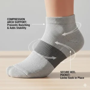 Diagram of the mid-foot compression band that prevents the sock from bunching during hot runs.