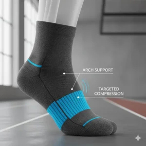 Illustration of the targeted compression arch support in a technical running sock for a secure fit.