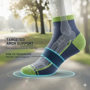 Diagram of targeted compression and arch support in running socks for wide feet.