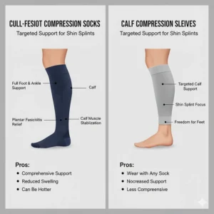 Comparison chart between full-foot compression socks and calf sleeves for shin splint recovery.