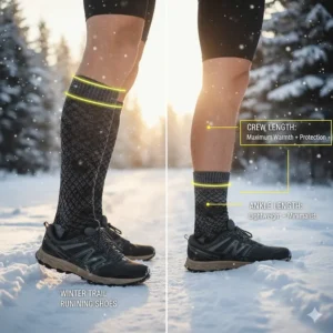 Comparison chart showing crew length vs. ankle length running socks for winter protection.
