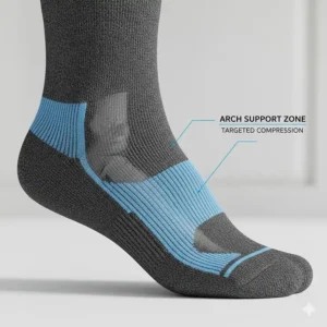 Technical illustration highlighting the reinforced arch support and compression zones in premium cycling socks.
