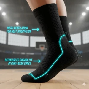 Illustration of mesh ventilation panels on the top of the foot for heat dissipation in high-performance basketball socks.