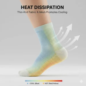 Thermal graphic showing heat escaping through light-colored, thin-knit running socks.