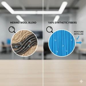 Graphic comparing merino wool and synthetic fibers used in athletic socks for sweat management.