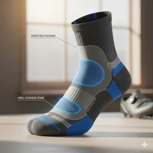 An illustration showing targeted padding in the toe and heel area of comfortable cycling socks.
