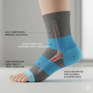 Close-up illustration of extra heel padding in running socks to reduce impact on the plantar fascia.