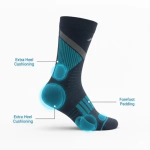 Graphic highlighting extra padding in the heel and forefoot of a running sock.