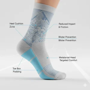 Anatomical map of a running sock highlighting extra padding in the heel and toe box to reduce friction.