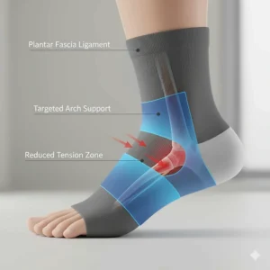 Illustration showing targeted arch support zones in running socks to alleviate plantar fasciitis pain.