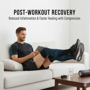 Illustration of an athlete resting with legs elevated wearing compression socks to reduce inflammation.