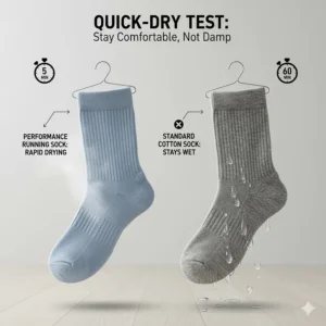Illustration showing the rapid drying time of thin performance socks compared to standard athletic socks.