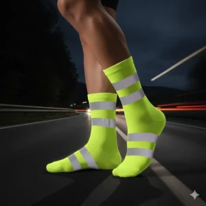 High-visibility neon cycling socks with reflective strips for safer low-light and night riding.