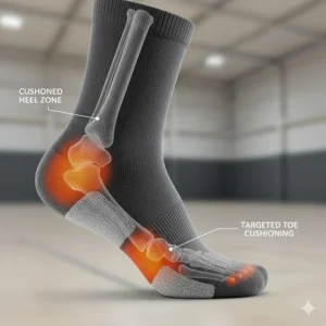 Anatomical view of high-impact cushioning zones in the heel and toe of a performance running sock.