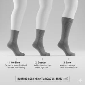 Different sock heights including no-show, quarter, and crew socks for various running environments.