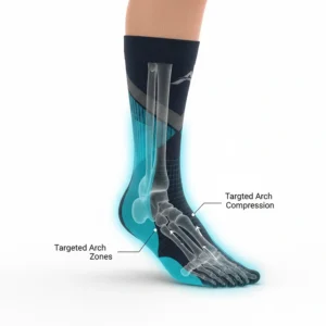 Diagram showing targeted arch compression zones in running socks designed for flat feet.