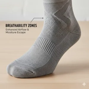 Close-up illustration of mesh ventilation panels on the top of a running sock for airflow.