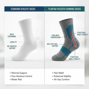 Infographic comparing standard athletic socks vs specialized running socks for plantar fasciitis support.