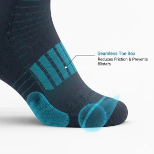 Close-up illustration of a seamless toe construction to reduce friction during long runs.